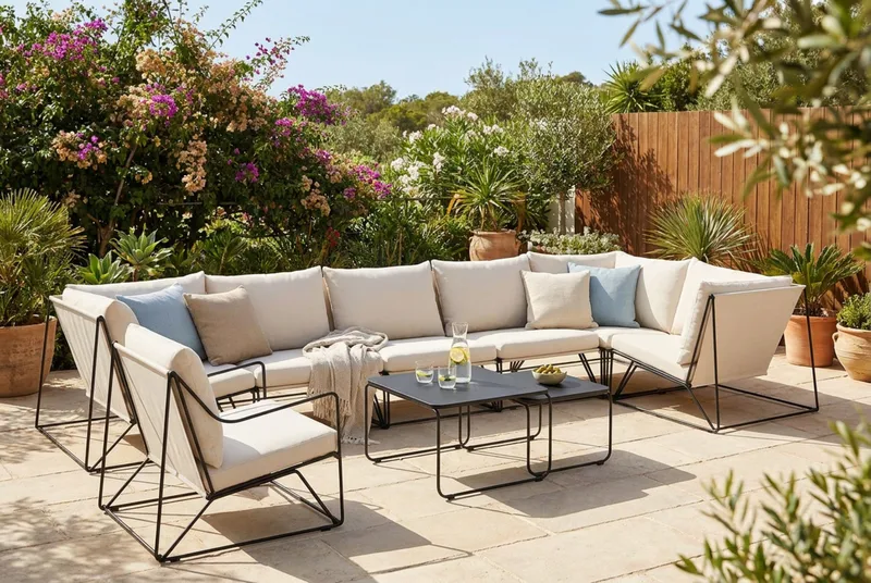 Usteryd utomhus hörnsoffa 7-sits vändbar med fåtölj - Svart/Beige - Utemöbler - Utegrupp - Loungegrupp