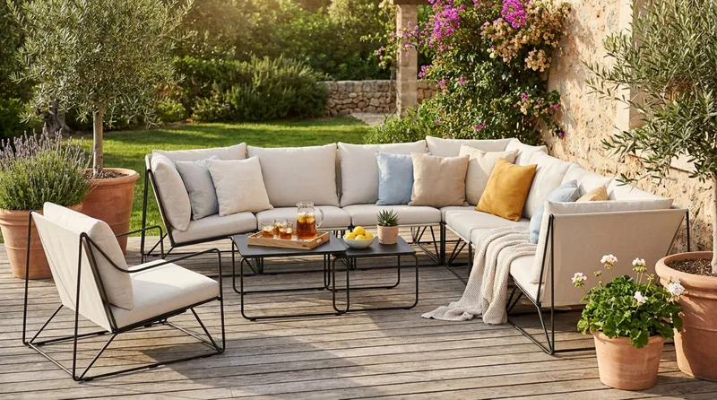 Usteryd utomhus hörnsoffa 8-sits vändbar med fåtölj - Svart/Beige - Utemöbler - Utegrupp - Loungegrupp