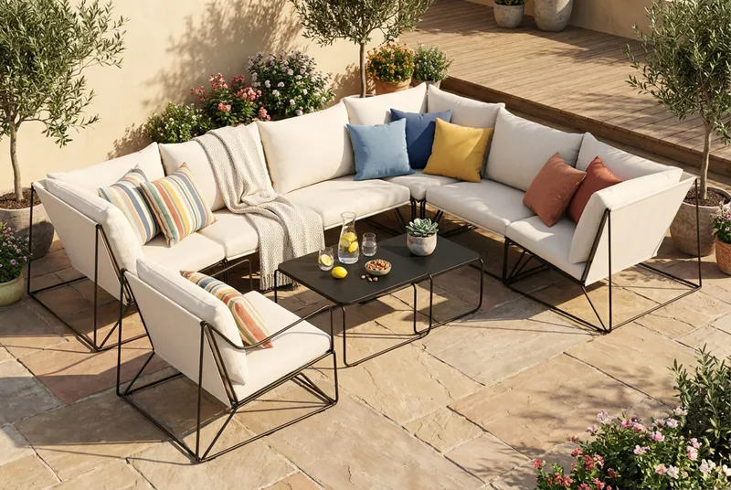 Usteryd utomhus L-soffa 7-sits vändbar med fåtölj - Svart/Beige - Utemöbler - Utegrupp - Loungegrupp