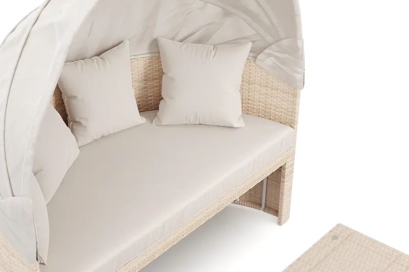 Florens Rund dubbel Solsäng med tak - Soffbord med glasskiva i konstrotting - Beige - Utemöbler - Utestolar & fåtöljer - Solsängar & solvagnar