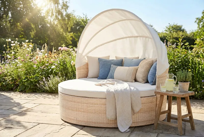 Florens Rund dubbel Solsäng med tak - Soffbord med glasskiva i konstrotting - Beige - Utemöbler - Utestolar & fåtöljer - Solsängar & solvagnar