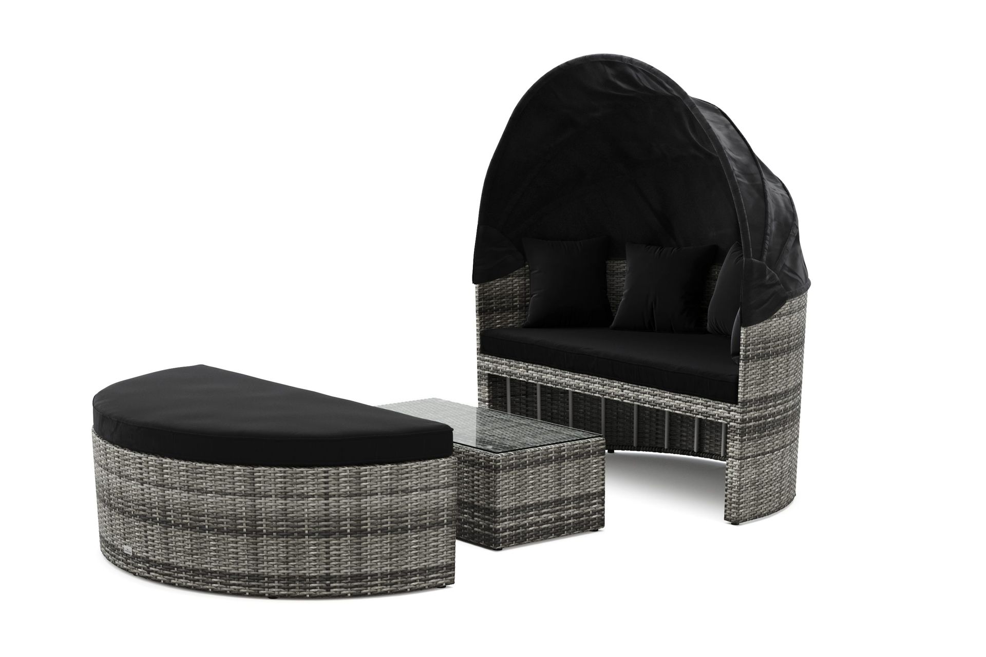 florens rund dubbel solsäng med tak - soffbord med glasskiva i konstrotting - grå