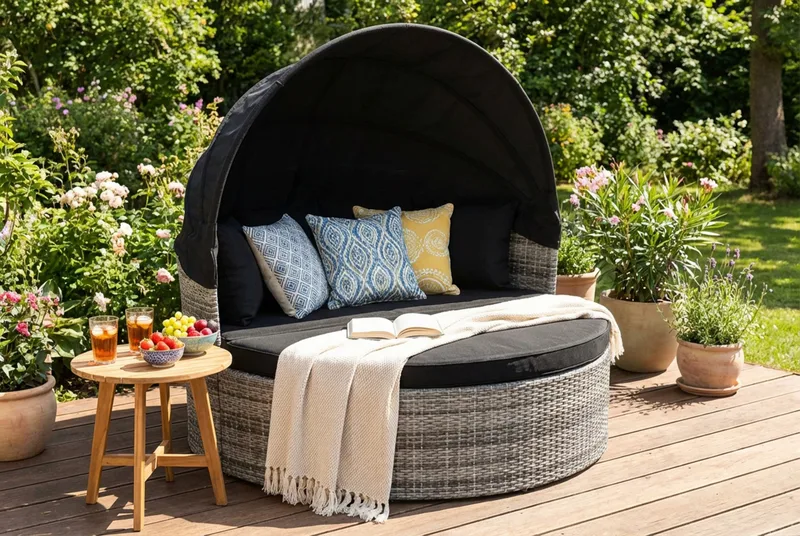 Florens Rund dubbel Solsäng med tak - Soffbord med glasskiva i konstrotting - Grå - Utemöbler - Utestolar & fåtöljer - Solsängar & solvagnar