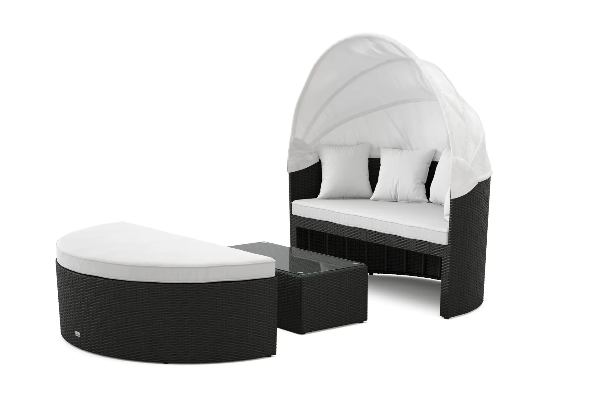 florens rund dubbel solsäng med tak - soffbord med glasskiva i konstrotting - svart