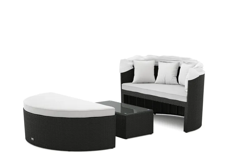 Florens Rund dubbel Solsäng med tak - Soffbord med glasskiva i konstrotting - Svart - Utemöbler - Utestolar & fåtöljer - Solsängar & solvagnar