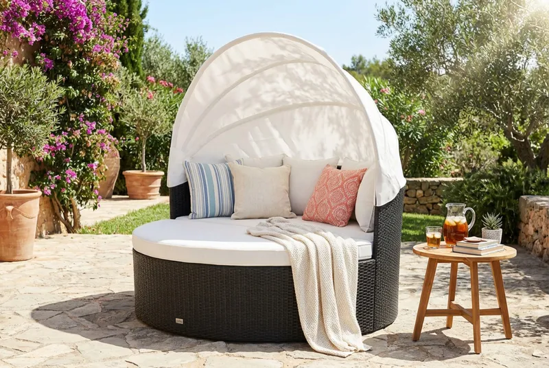 Florens Rund dubbel Solsäng med tak - Soffbord med glasskiva i konstrotting - Svart - Utemöbler - Utestolar & fåtöljer - Solsängar & solvagnar