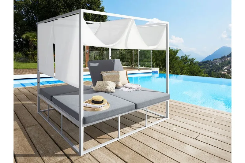 Solsäng med sänghimmel vit/grå PALLANZA - Vit - Utemöbler - Utestolar & fåtöljer - Solsängar & solvagnar