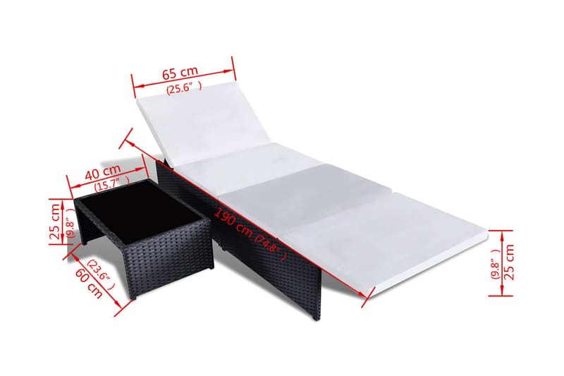 Solsängar 2 st med bord konstrotting svart - Svart - Utemöbler - Utestolar & fåtöljer - Solsängar & solvagnar