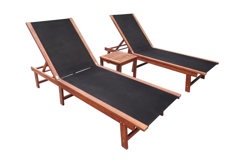Solsängar 2 st med bord massivt akaciaträ och textilene - Brun - Utemöbler - Utestolar & fåtöljer - Solsängar & solvagnar