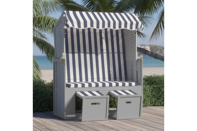 Strandkorg med tak konstrottning och massivt trä blå & vit - Grå/vit/blå - Utemöbler - Utestolar & fåtöljer - Solsängar & solvagnar