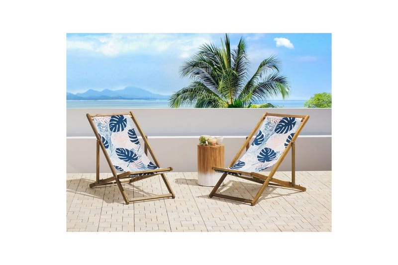 Solstol set om 2 Anzio - ljust trä/off-white/blå palmbladsmönster - Utemöbler - Utestolar & fåtöljer - Solstol