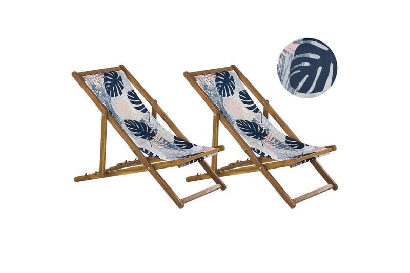 Solstol set om 2 Anzio - ljust trä/off-white/blå palmbladsmönster - Utemöbler - Utestolar & fåtöljer - Solstol