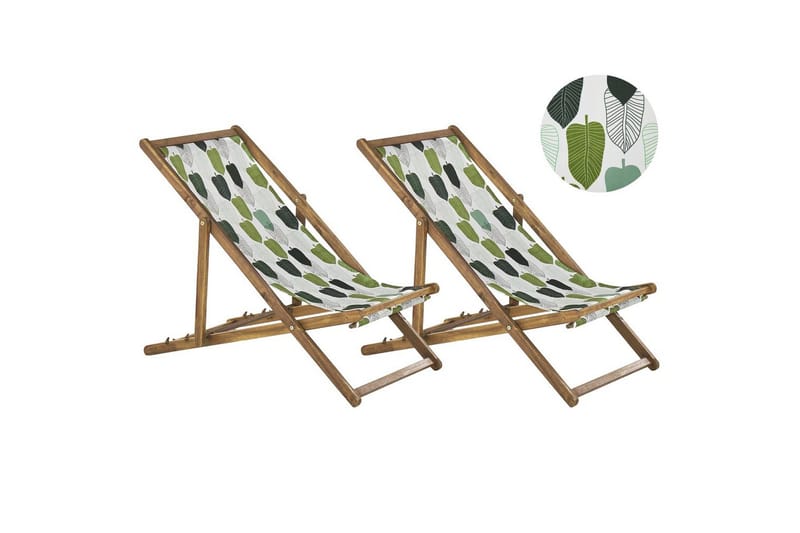 Solstol set om 2 Anzio, ljust trä/off-white/grön lövmönster