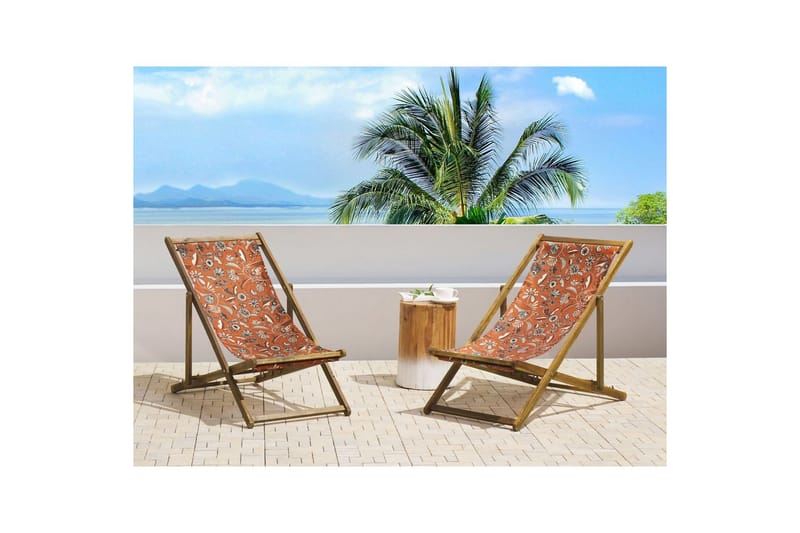 Solstol set om 2 Anzio - ljust trä/off-white/röd blommigt mönster - Utemöbler - Utestolar & fåtöljer - Solstol