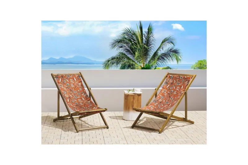 Solstol set om 2 Anzio - ljust trä/off-white/röd blommigt mönster - Utemöbler - Utestolar & fåtöljer - Solstol