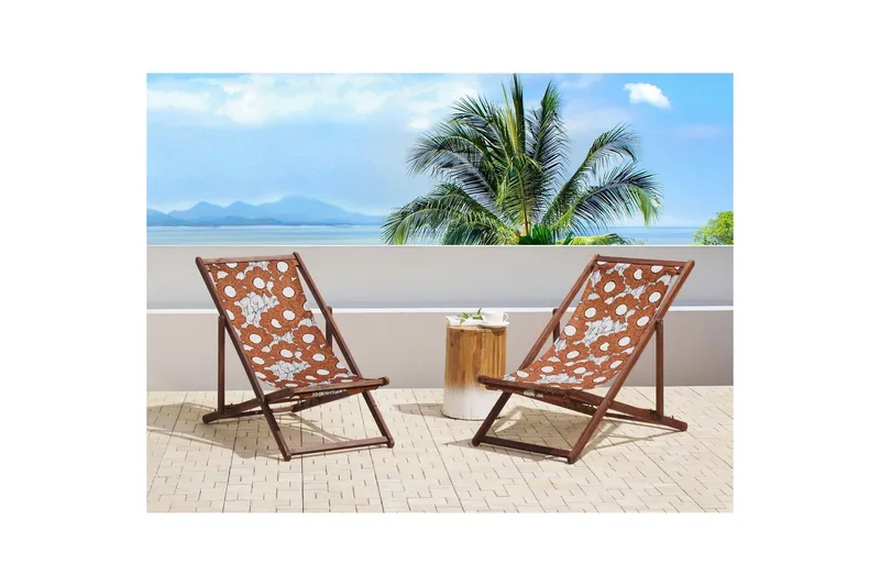 Solstol set om 2 Anzio - mörkt trä/off-white vallmomönster - Utemöbler - Utestolar & fåtöljer - Solstol