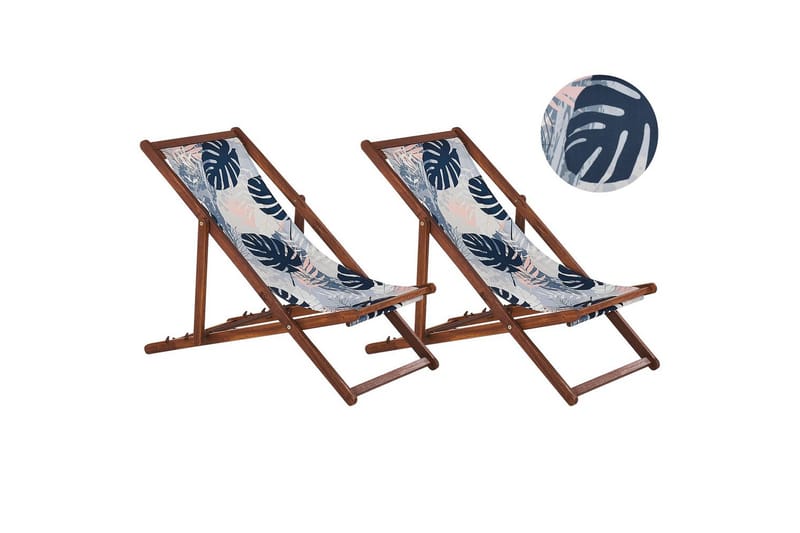 Solstol set om 2 Anzio - mörkt trä/off-white/blå palmbladsmönster - Utemöbler - Utestolar & fåtöljer - Solstol