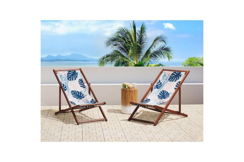 Solstol set om 2 Anzio - mörkt trä/off-white/blå palmbladsmönster - Utemöbler - Utestolar & fåtöljer - Solstol