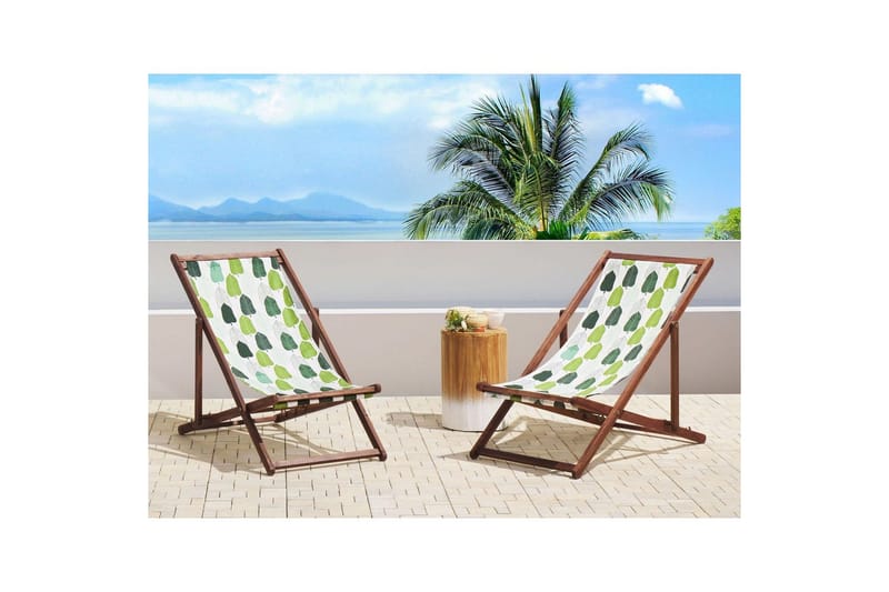Solstol set om 2 Anzio - mörkt trä/off-white/grön lövmönster - Utemöbler - Utestolar & fåtöljer - Solstol