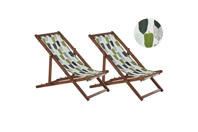 Solstol set om 2 Anzio - mörkt trä/off-white/grön lövmönster - Utemöbler - Utestolar & fåtöljer - Solstol