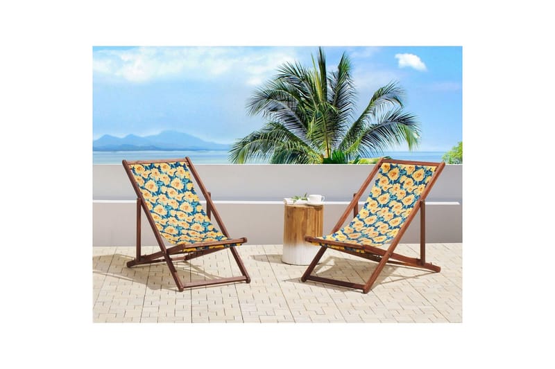 Solstol set om 2 Anzio - mörkt trä/off-white/guk blommigt mönster - Utemöbler - Utestolar & fåtöljer - Solstol