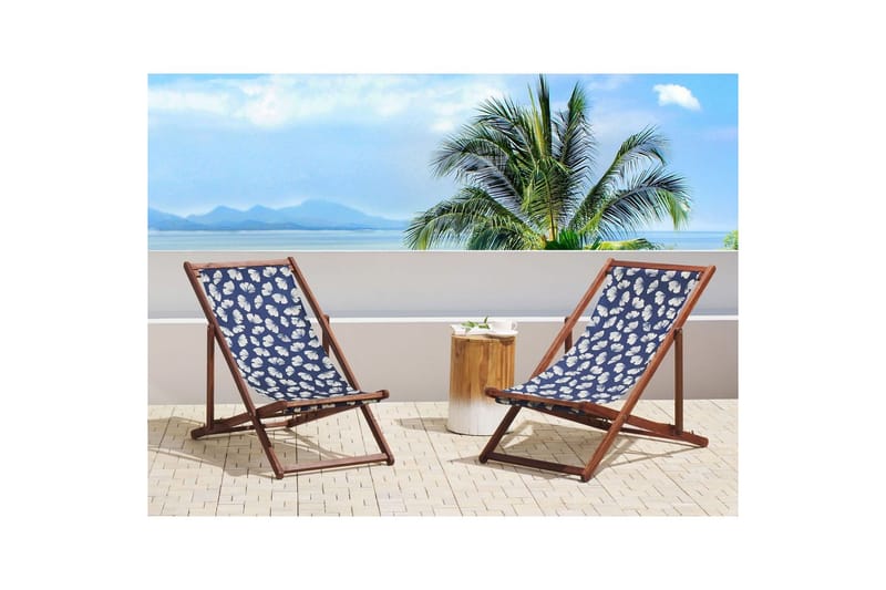 Solstol set om 2 Anzio - mörkt trä/off-white/marinblå blommigt mönster - Utemöbler - Utestolar & fåtöljer - Solstol