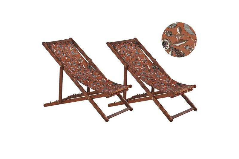 Solstol set om 2 Anzio - mörkt trä/off-white/röd blommigt mönster - Utemöbler - Utestolar & fåtöljer - Solstol