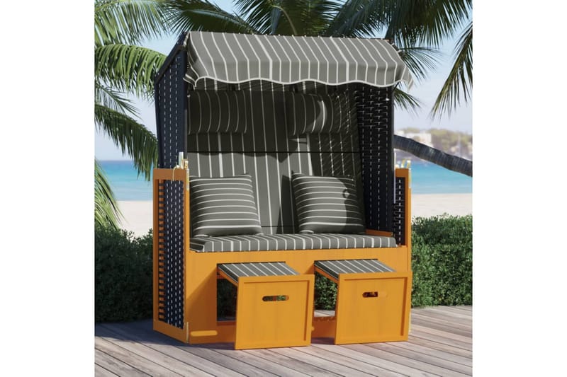 Strandkorg med dynor konstrottning och massivt trä svart & g - Trä/svart - Utemöbler - Utestolar & fåtöljer - Solsängar & solvagnar